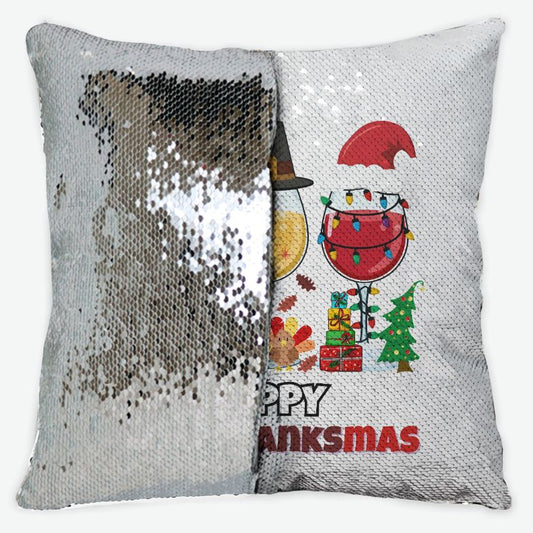 Reversible Sequins Decorative pillow with silver sequin side and 'Happy Thanksmas' design on gray side.