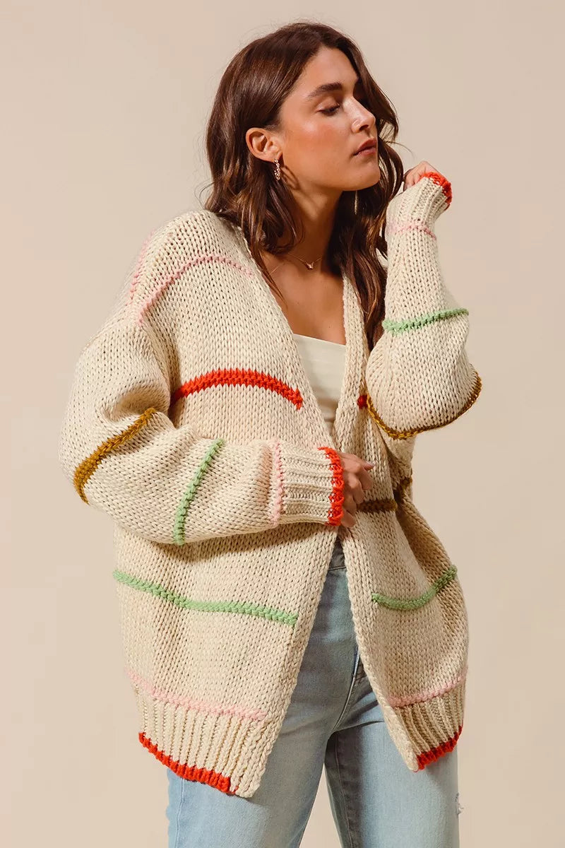 Loose-fit multi-stripe open front cardigan with vibrant colors, soft knit fabric, and relaxed casual style for layering.