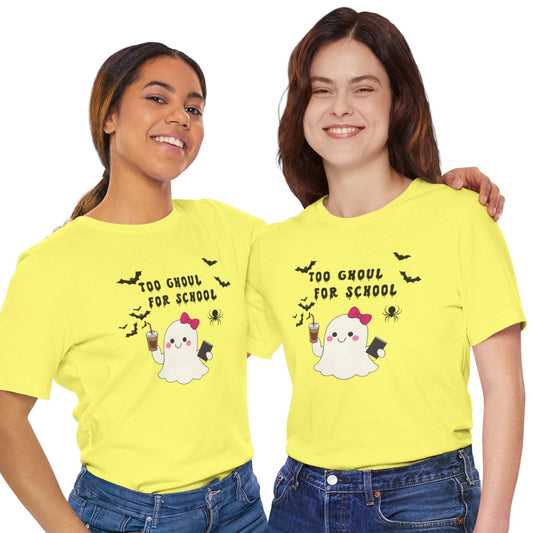 Two people wearing yellow t-shirts with a ghost and text design on a white background
