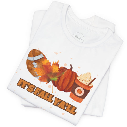 Folded white t-shirt with autumn-themed design and 'It's Fall Ya'll' text on a white background