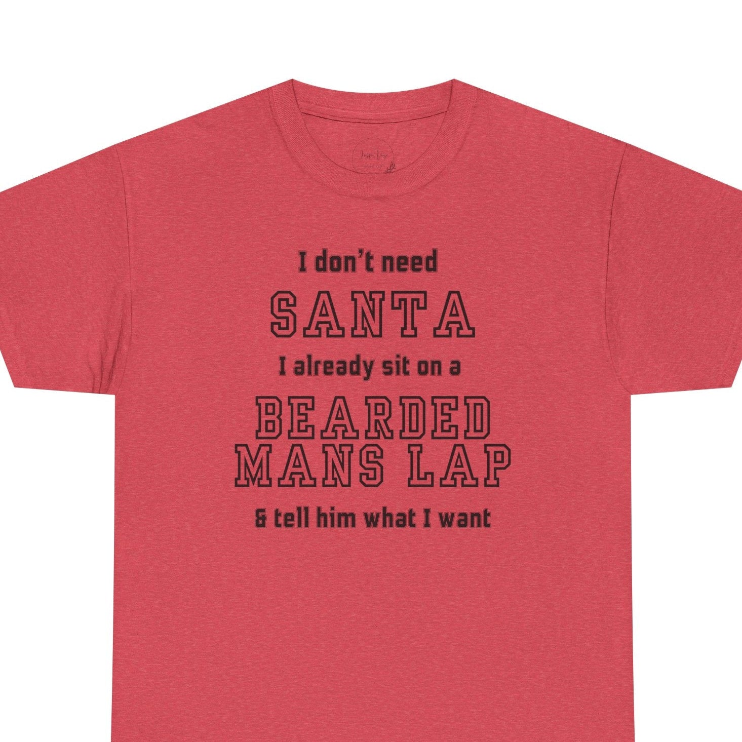 Red t-shirt with humorous text design on a white background