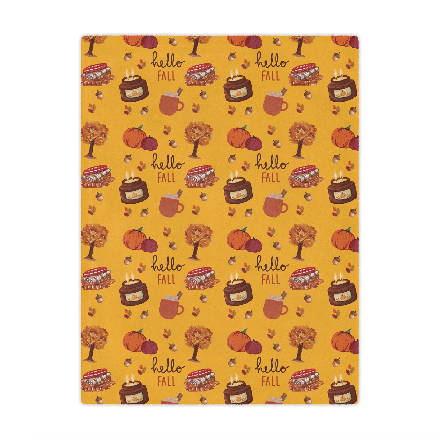 minky blanket with autumn-themed design featuring pumpkins, leaves, and 'hello fall' text on a yellow background.