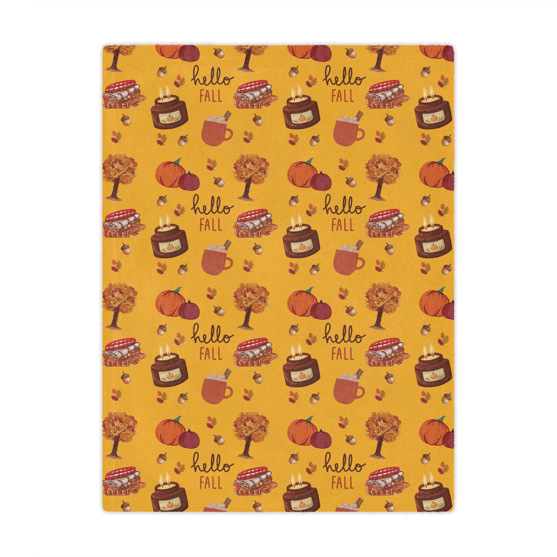 minky blanket with autumn-themed design featuring pumpkins, leaves, and 'hello fall' text on a yellow background.