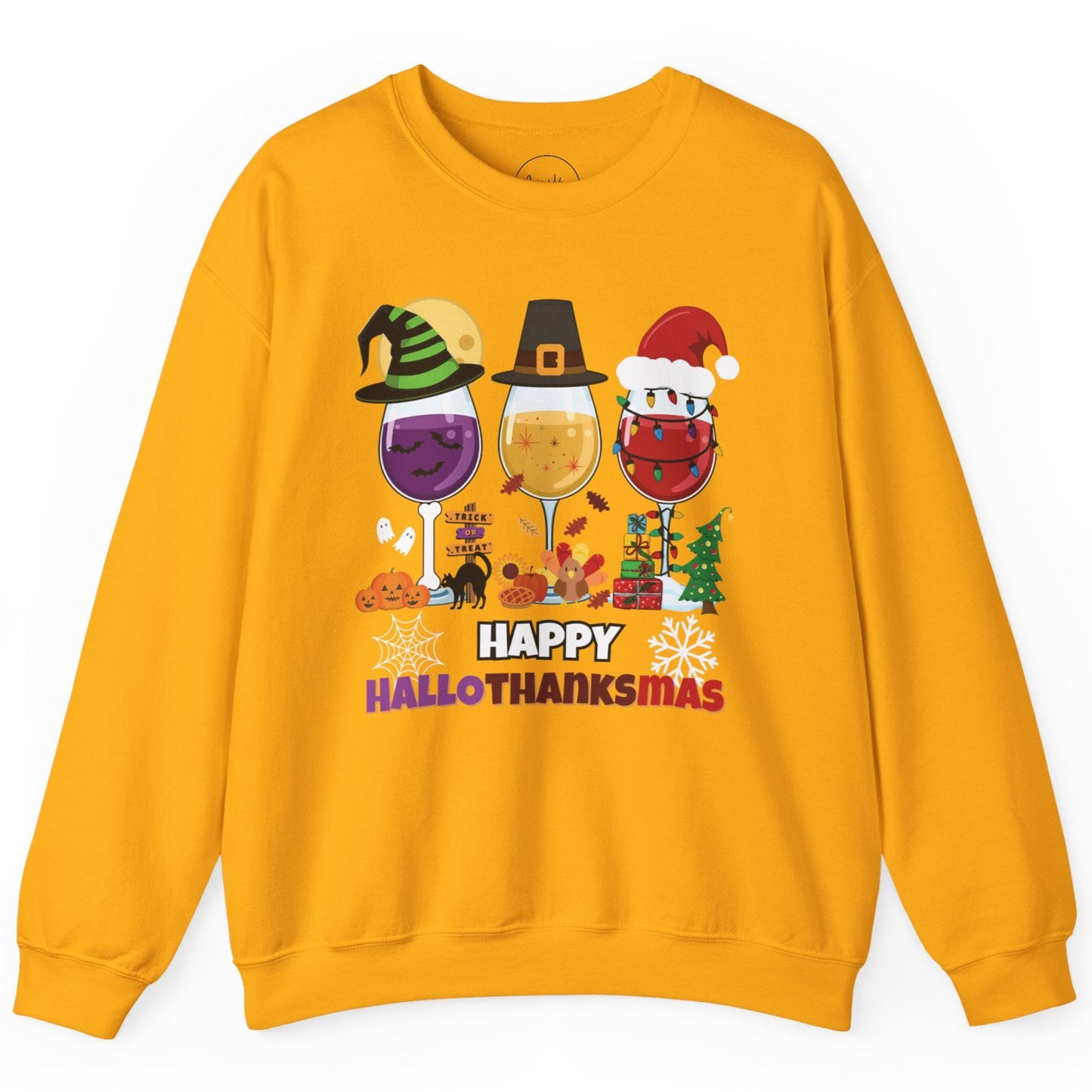 Yellow sweatshirt with 'Happy HalloThanksMas' design featuring wine glasses and holiday-themed graphics on a white background.