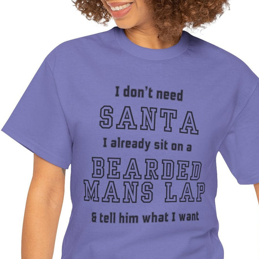 Woman wearing a purple t-shirt with humorous text design on a white background