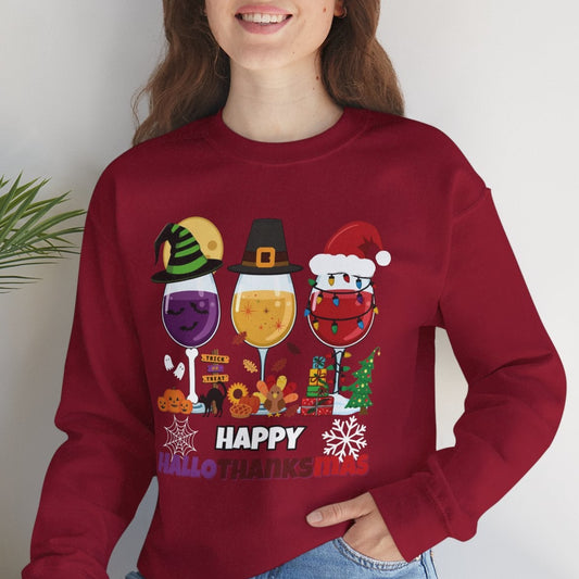Woman wearing a dark red sweatshirt with festive designs and the words "Happy HALLOWTHANKSMAS"