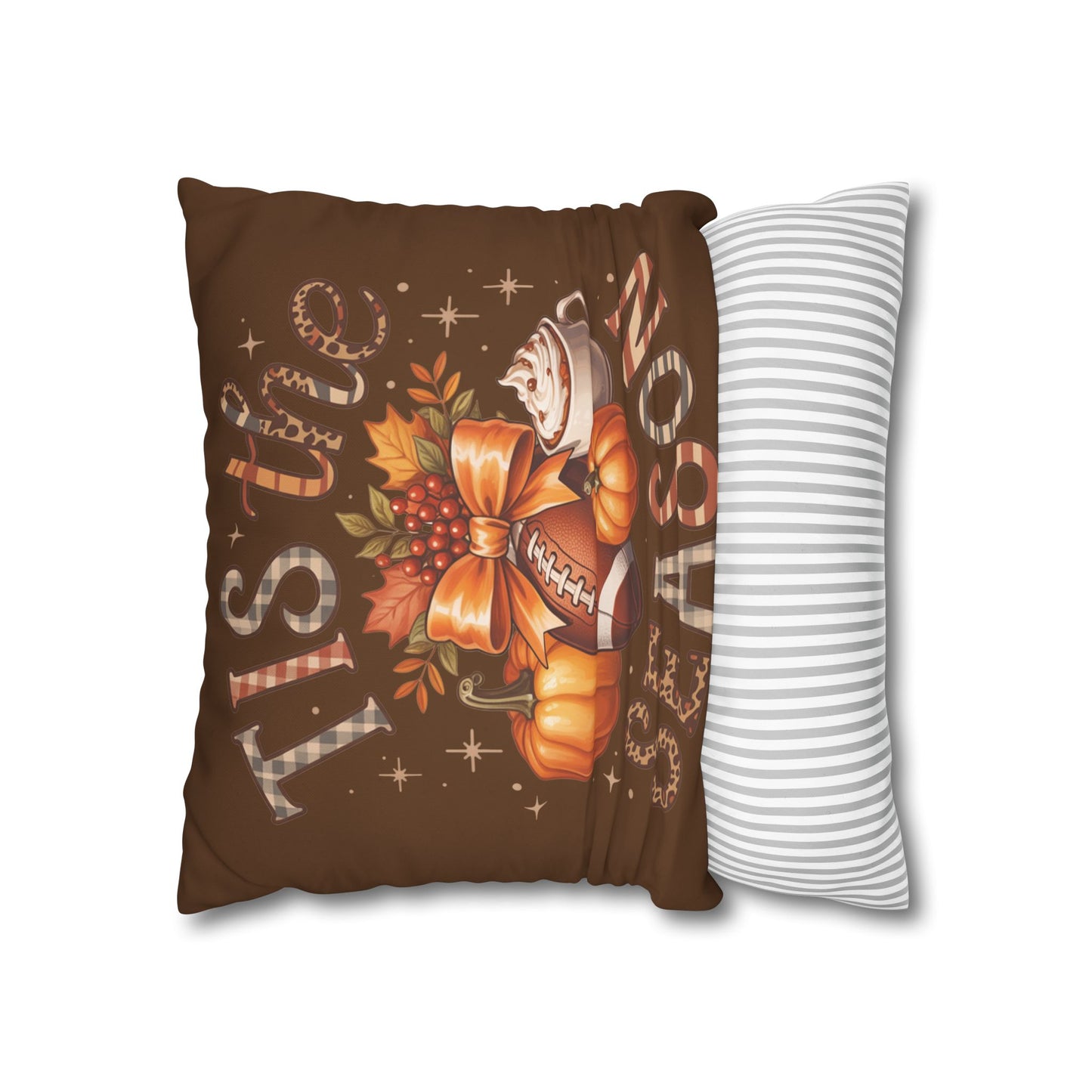 Decorative pillowcase with autumn-themed design and a striped pillow next to it on a white background. Pillowcase only for purchase.