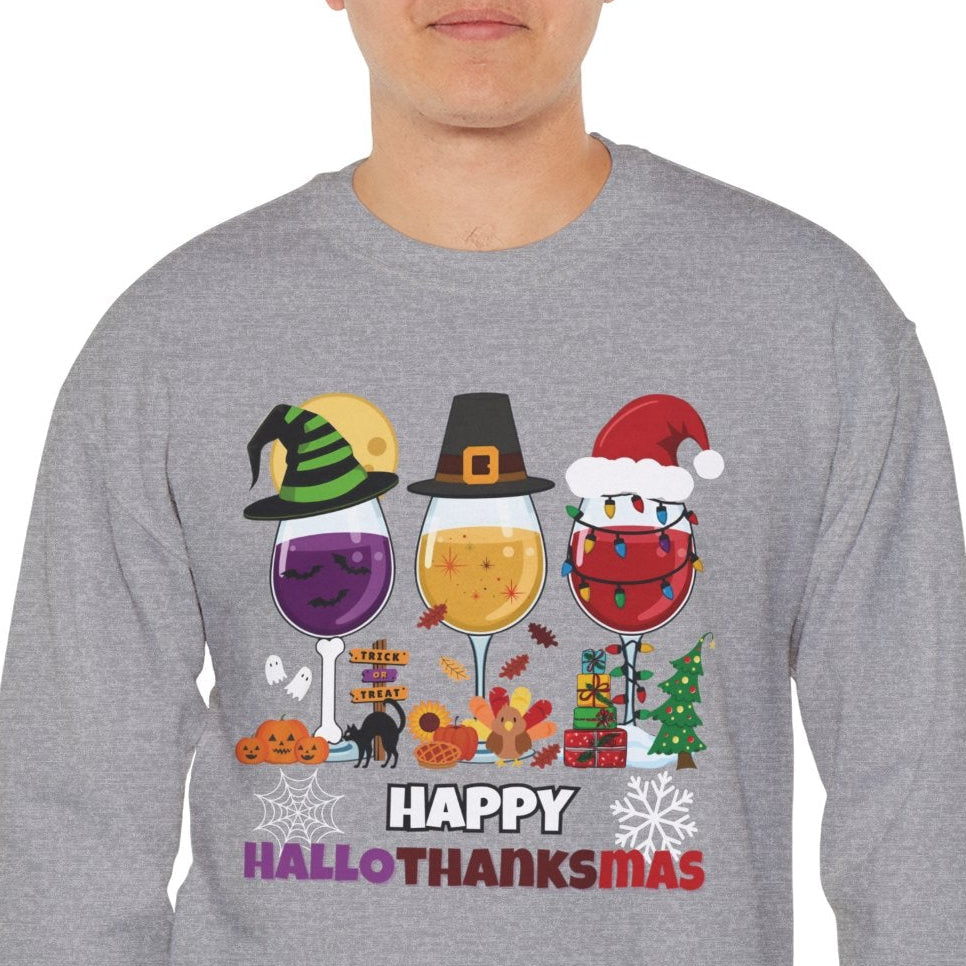 Gray sweatshirt with 'Happy HalloThanksmas' design featuring Halloween and Thanksgiving elements, worn by a person on a white background.
