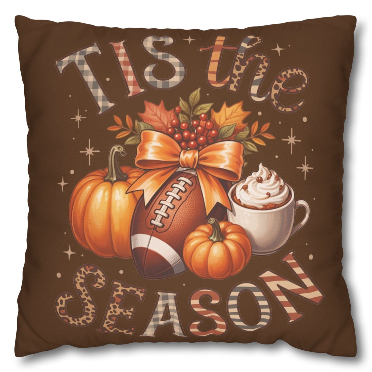 Decorative pillowcase with autumn-themed design featuring pumpkins, a football, and a cup of coffee on a brown background.