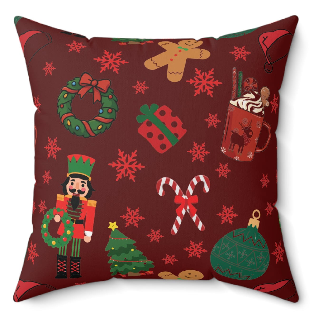Decorative Dark Red pillow with Christmas-themed pattern on a white background