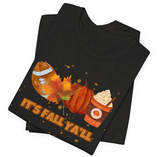 Black t-shirt with autumn-themed design and 'It's Fall Y'all' text on a white background
