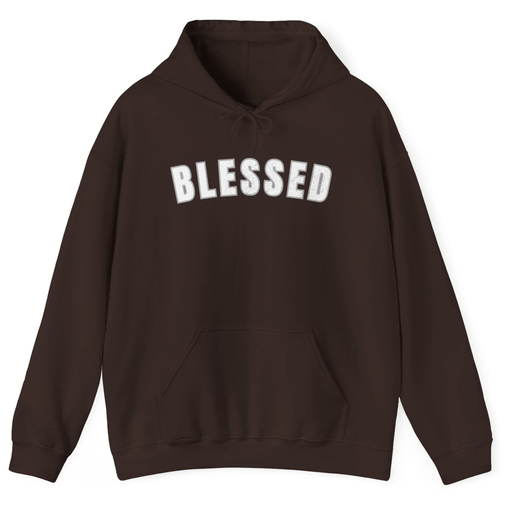Brown hoodie with 'BLESSED' text on a white background