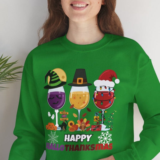 Person wearing a green sweatshirt with a festive design, sitting on a white surface with a plant in the background.