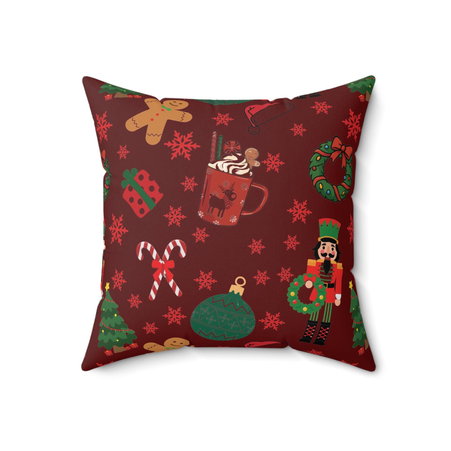 Christmas Decorative Pillow with Nutcracker and Gingerbread Design (DARK RED)