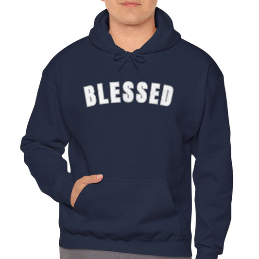Man wearing a navy hoodie with 'BLESSED' text on a white background