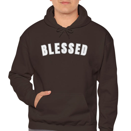 Man wearing a dark chocolate hoodie with 'BLESSED' text on a white background