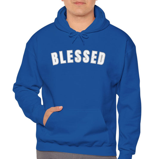 Man wearing a blue hoodie with 'BLESSED' text on a white background