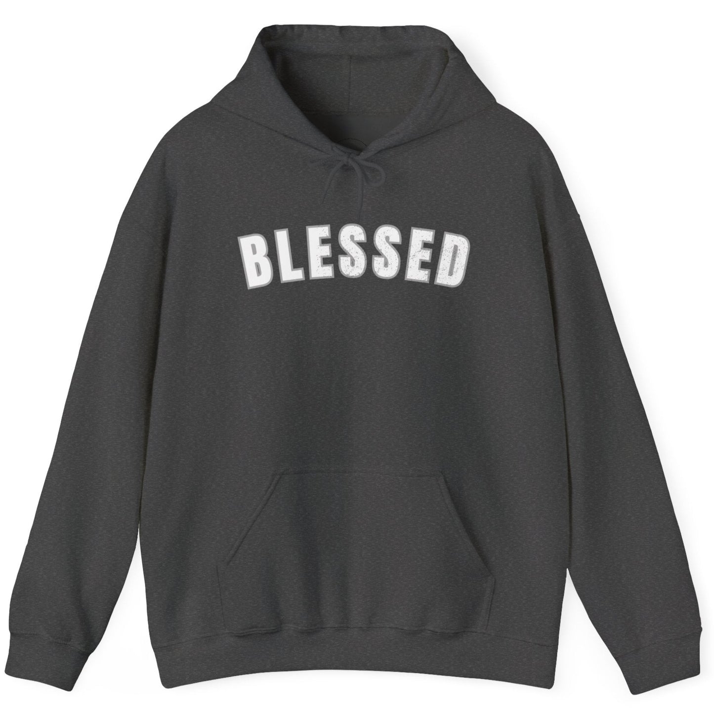 Gray hoodie with 'BLESSED' text on a white background