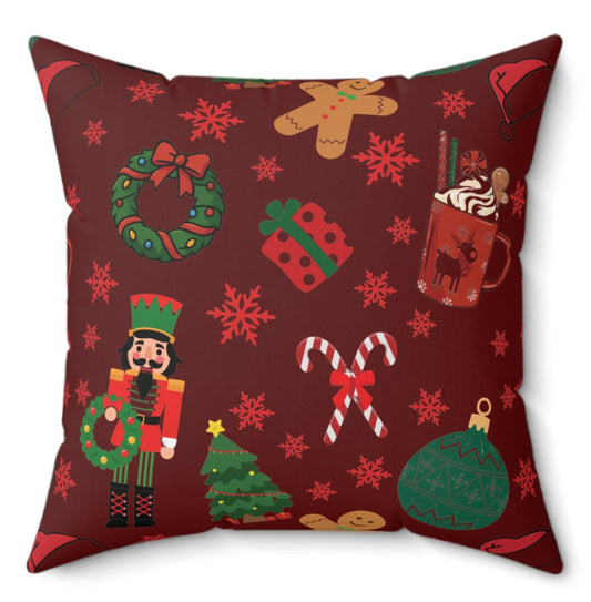 Decorative Dark Red pillow with Christmas-themed patterns on a white background