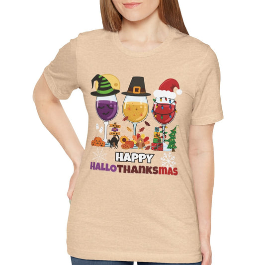 Woman wearing a beige t-shirt with 'Happy Hallo-THANKsmas' design on a white background