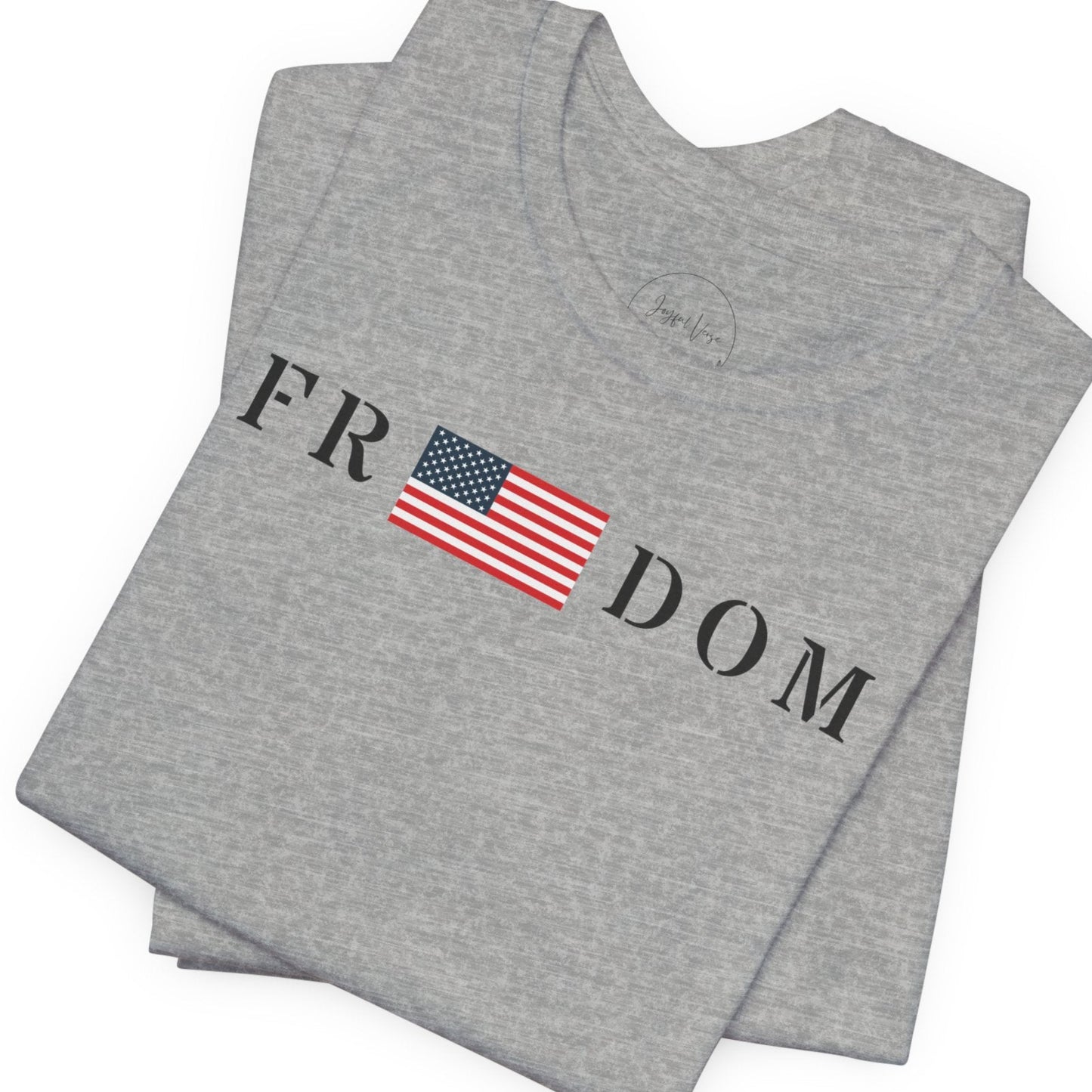 Gray t-shirt with 'FR DOM' and American flag design on a white background