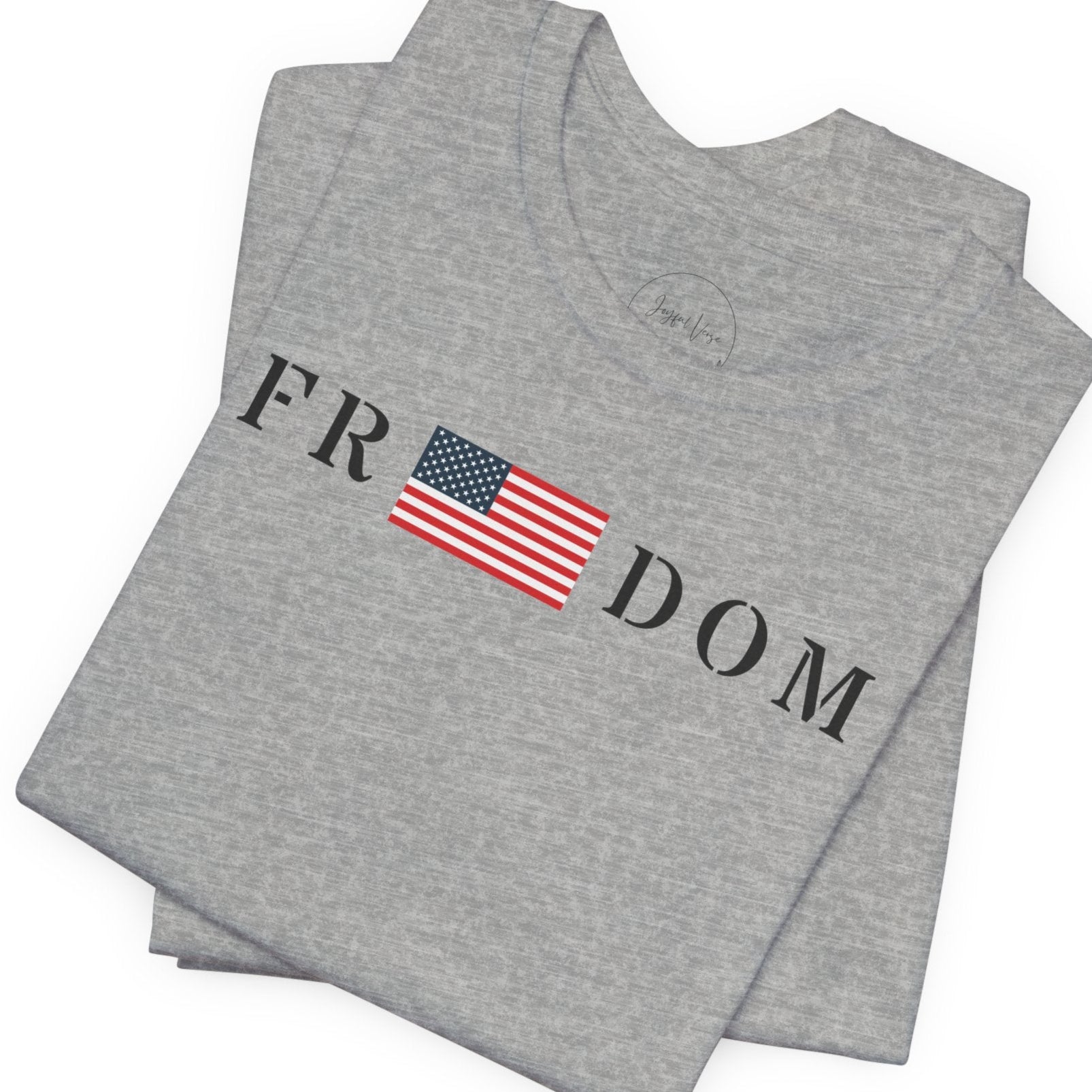 Gray t-shirt with 'FR DOM' and American flag design on a white background