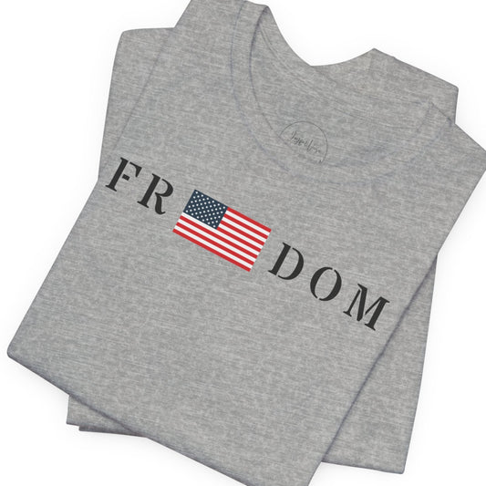 Gray t-shirt with 'FR DOM' and American flag design on a white background