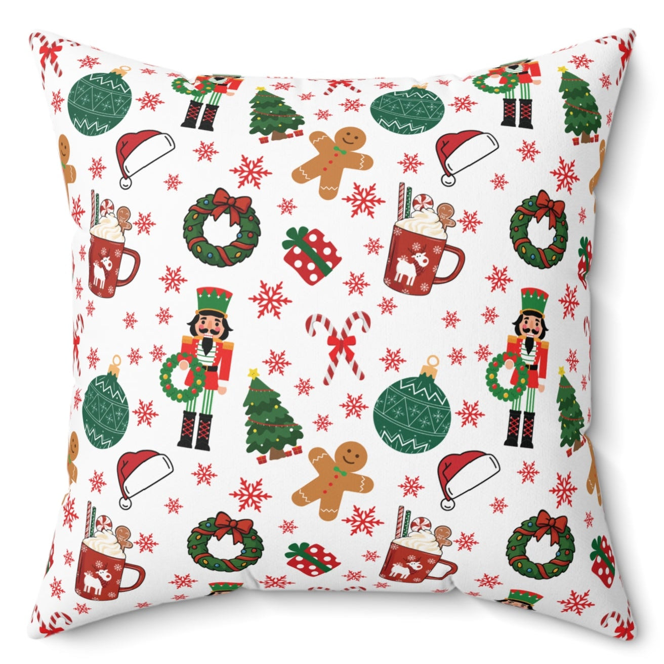 Decorative pillow with Christmas-themed pattern on a white background