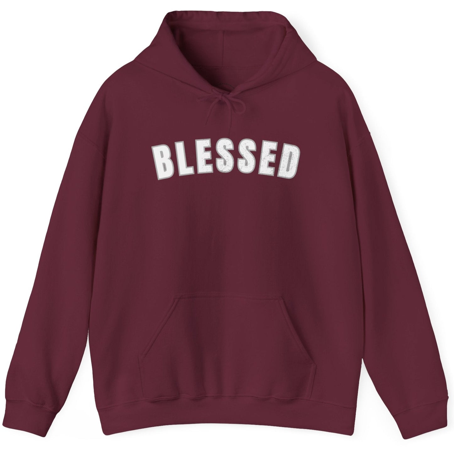 Maroon hoodie with 'BLESSED' text on a white background