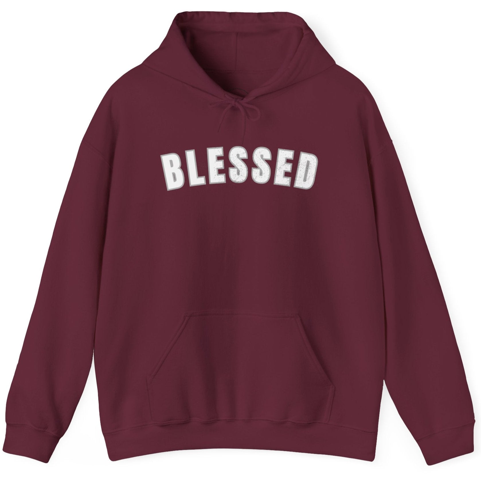 Maroon hoodie with 'BLESSED' text on a white background
