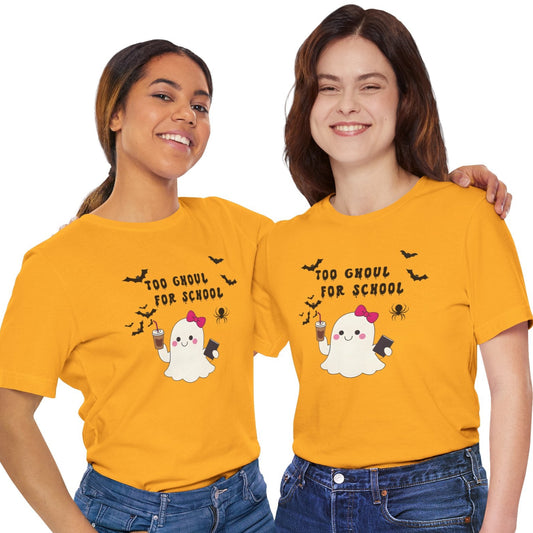 Two people wearing yellow t-shirts with a ghost and text design on a white background