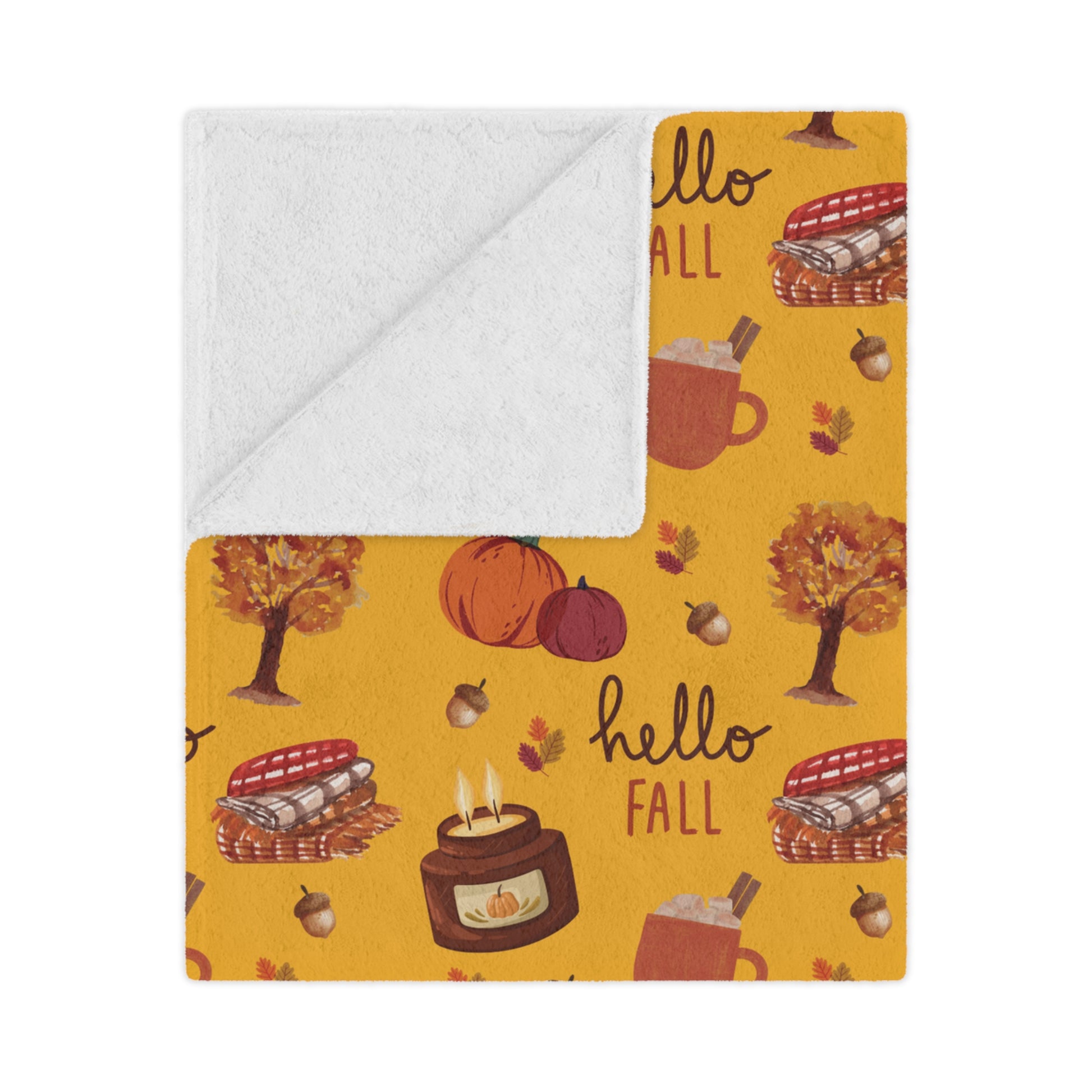 Minky Blanket with autumn-themed design featuring pumpkins, leaves, and 'hello fall' text on a yellow background.