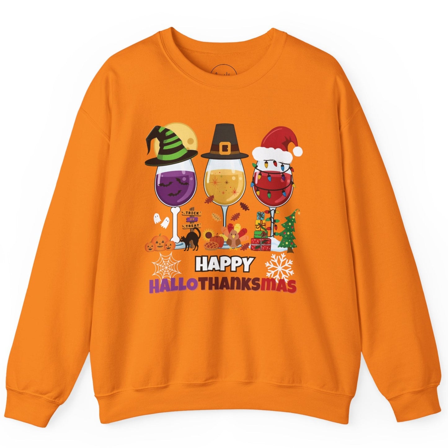 Orange sweatshirt with 'Happy Hallothanksmas' design featuring Halloween, Thanksgiving, and Christmas elements on a white background.
