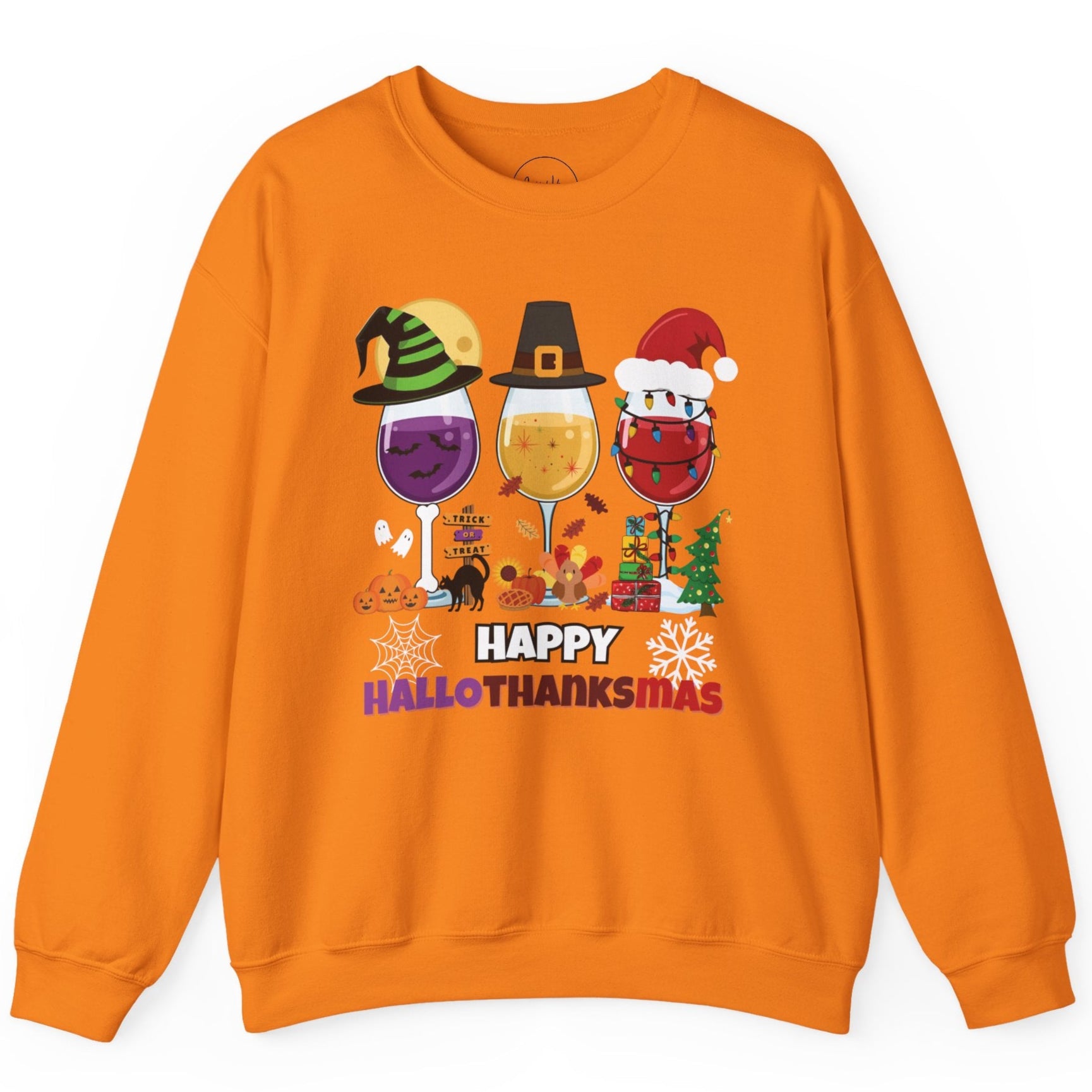Orange sweatshirt with 'Happy Hallothanksmas' design featuring Halloween, Thanksgiving, and Christmas elements on a white background.