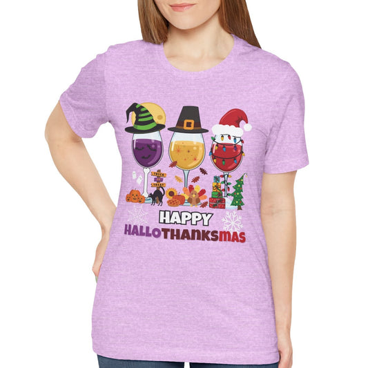 Woman wearing a light purple t-shirt with 'Happy Hallo-THANKsmas' design on a white background
