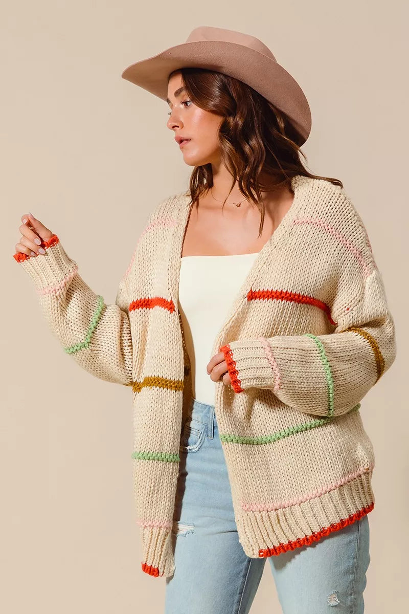Loose-fit multi-stripe open front cardigan with vibrant colors, soft knit fabric, and relaxed casual style for layering.