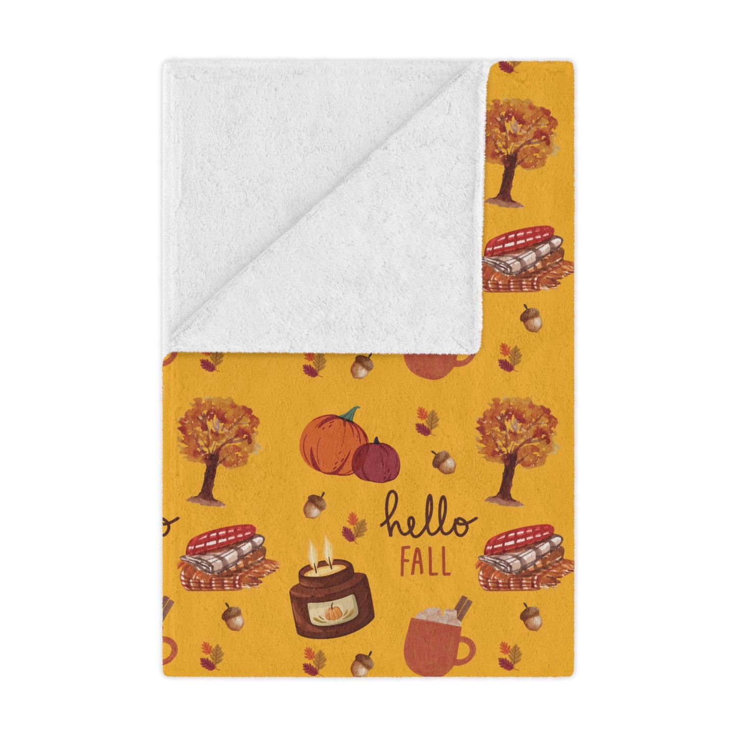 minky blanket with autumn-themed design featuring pumpkins, leaves, and 'hello fall' text on a yellow background.