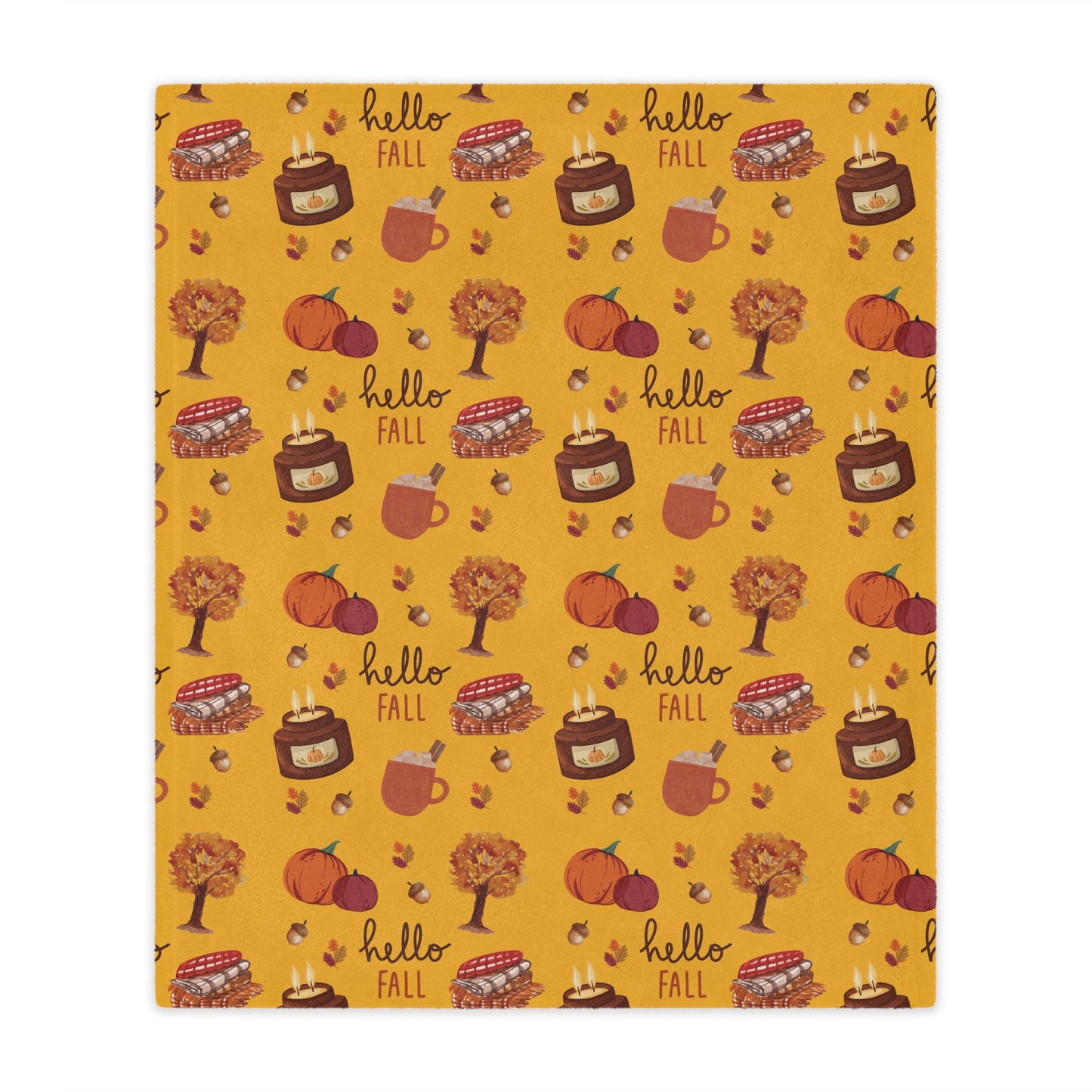 minky blanket with autumn-themed design featuring pumpkins, leaves, and 'hello fall' text on a yellow background.