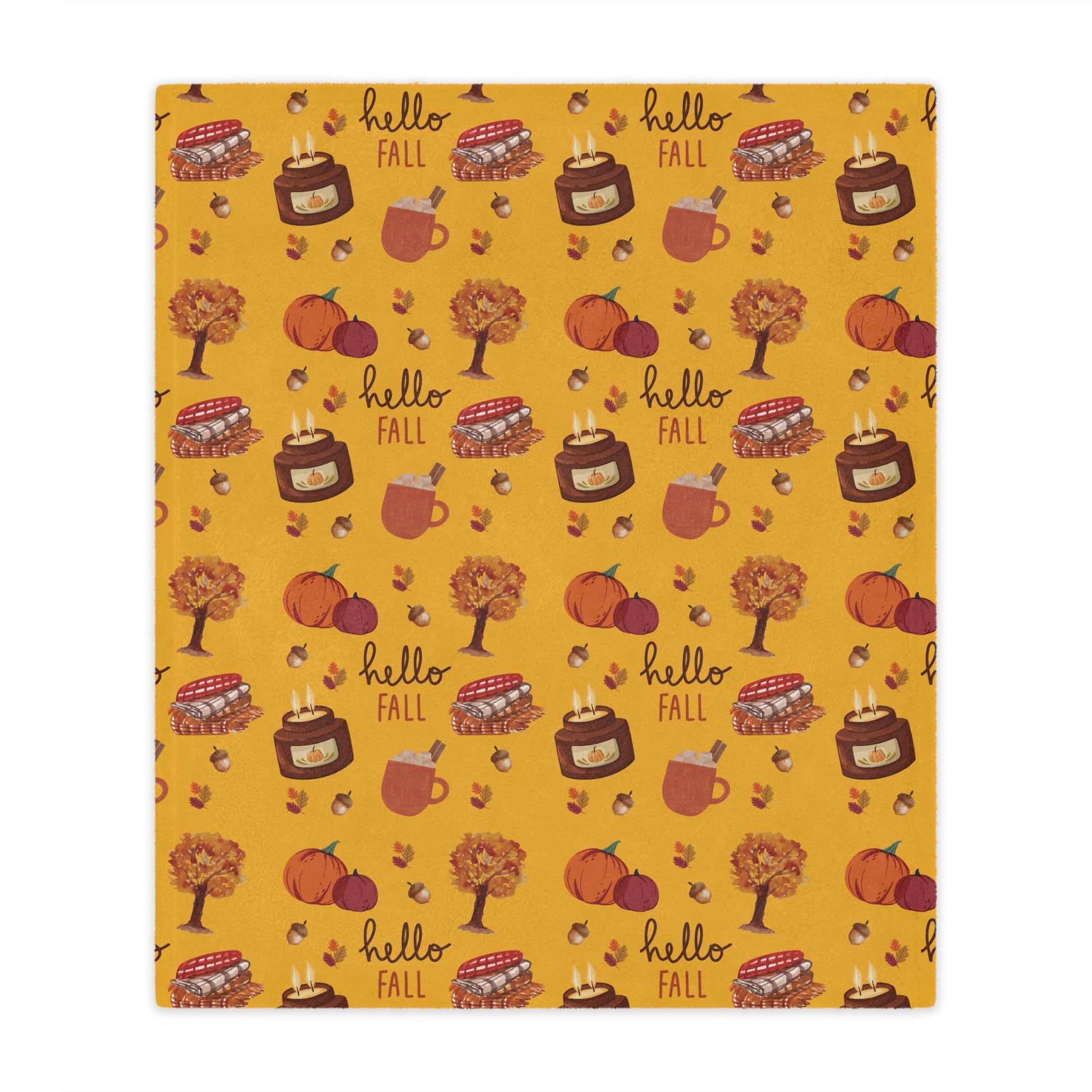 minky blanket with autumn-themed design featuring pumpkins, leaves, and 'hello fall' text on a yellow background.