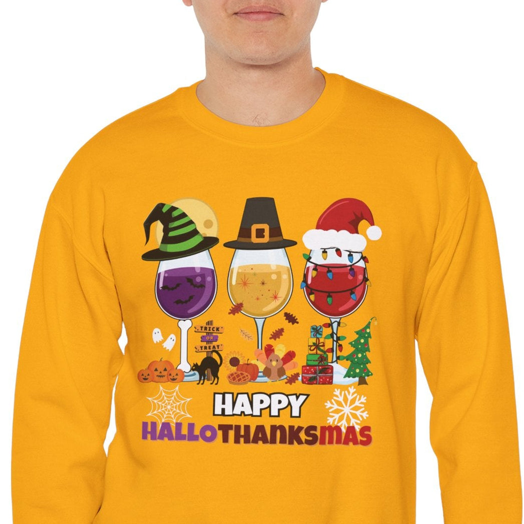Person wearing a yellow 'Happy HalloThanksmas' sweater with festive designs.
