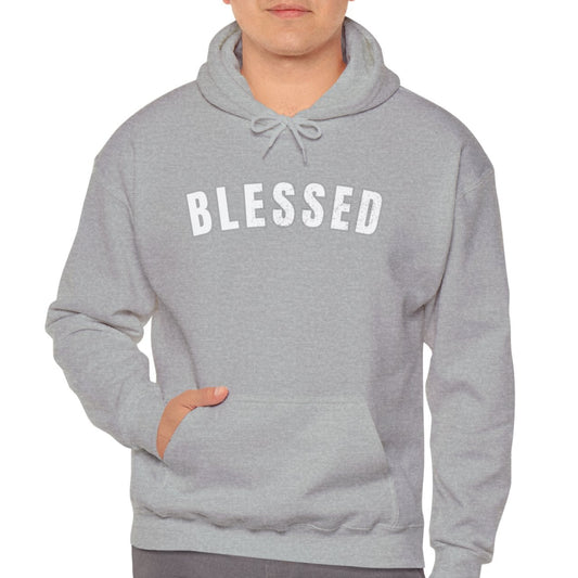 Man wearing a gray hoodie with 'BLESSED' text on a white background
