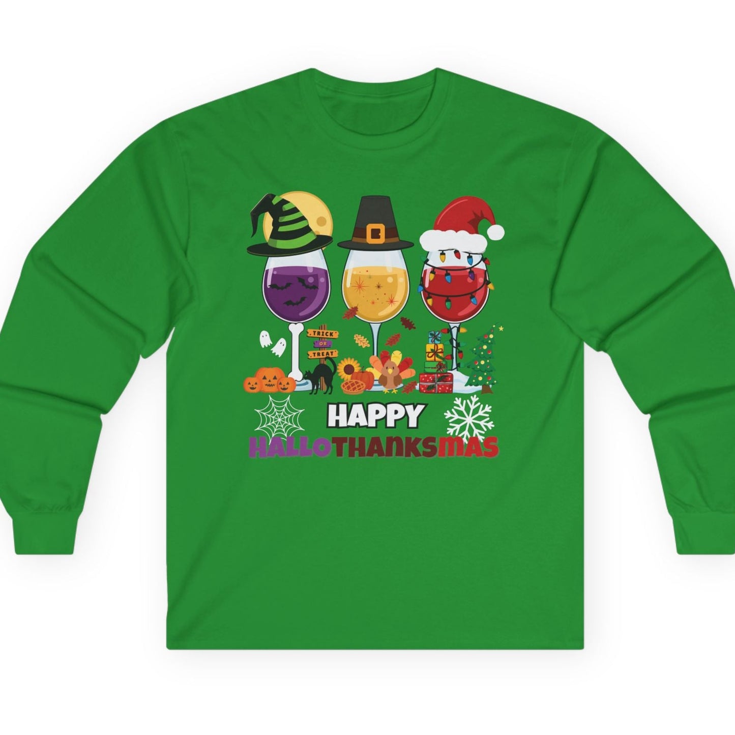 Green long-sleeve shirt with 'Happy Thanksgibbunch' design featuring wine glasses and pilgrims on a white background.