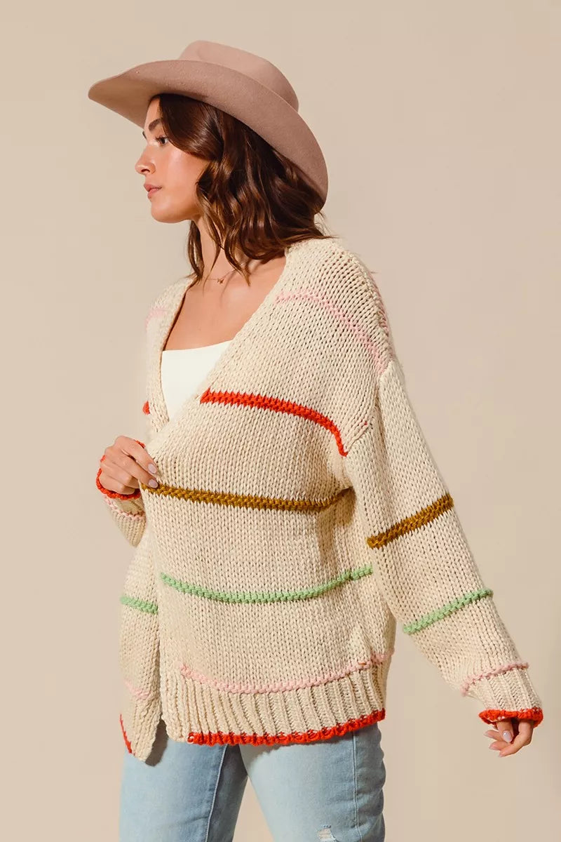 Loose-fit multi-stripe open front cardigan with vibrant colors, soft knit fabric, and relaxed casual style for layering.