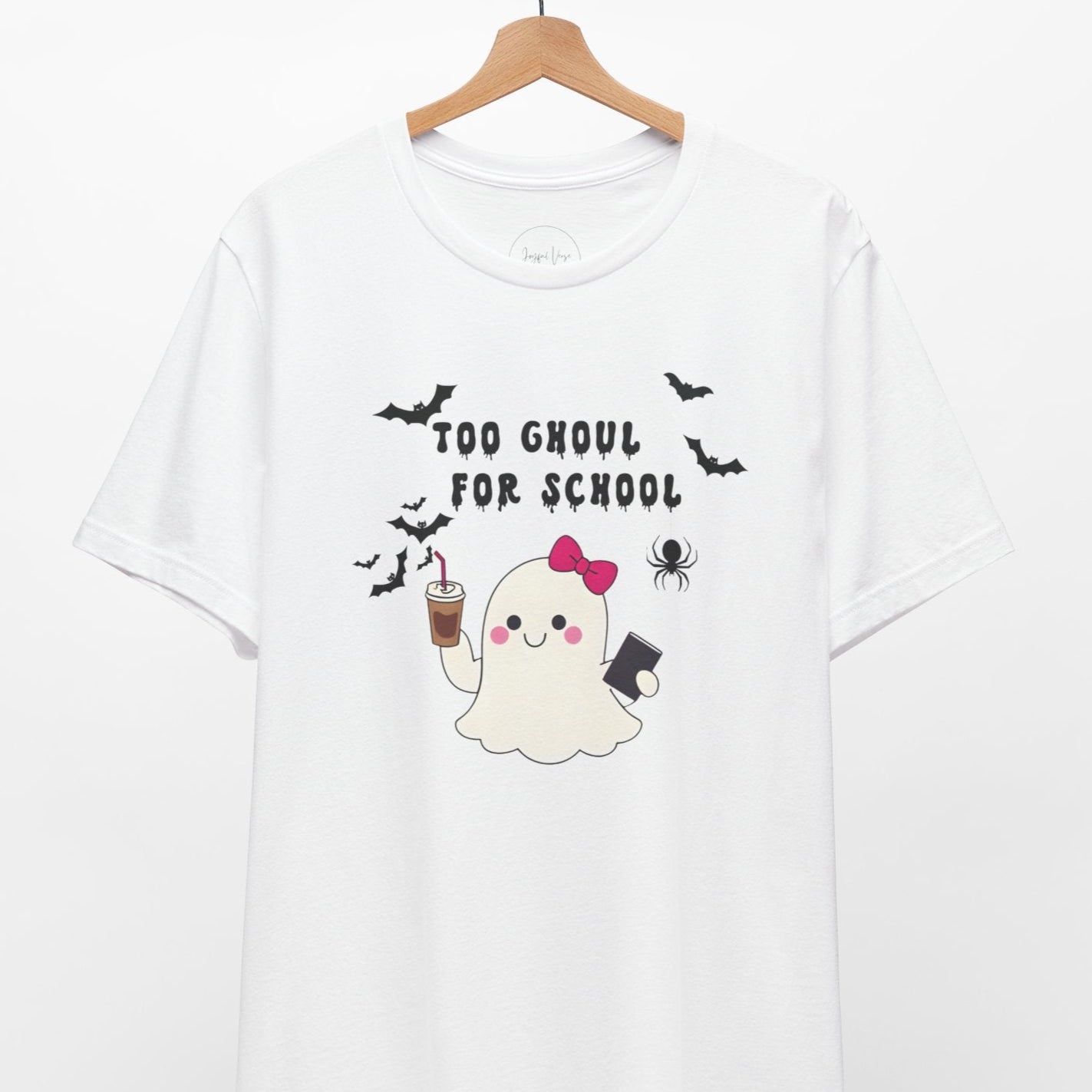 White t-shirt with ghost graphic and text 'Too Ghoul for School' on a white background