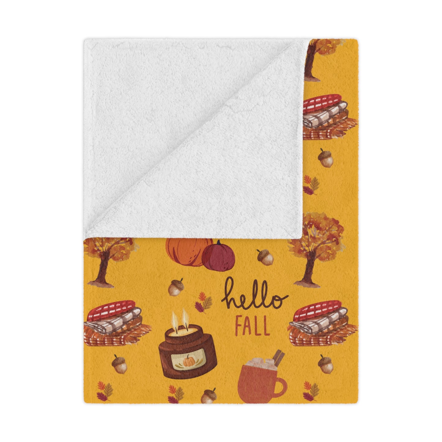 Minky Blanket with fall-themed design featuring pumpkins, leaves, and 'hello fall' text on a yellow background.