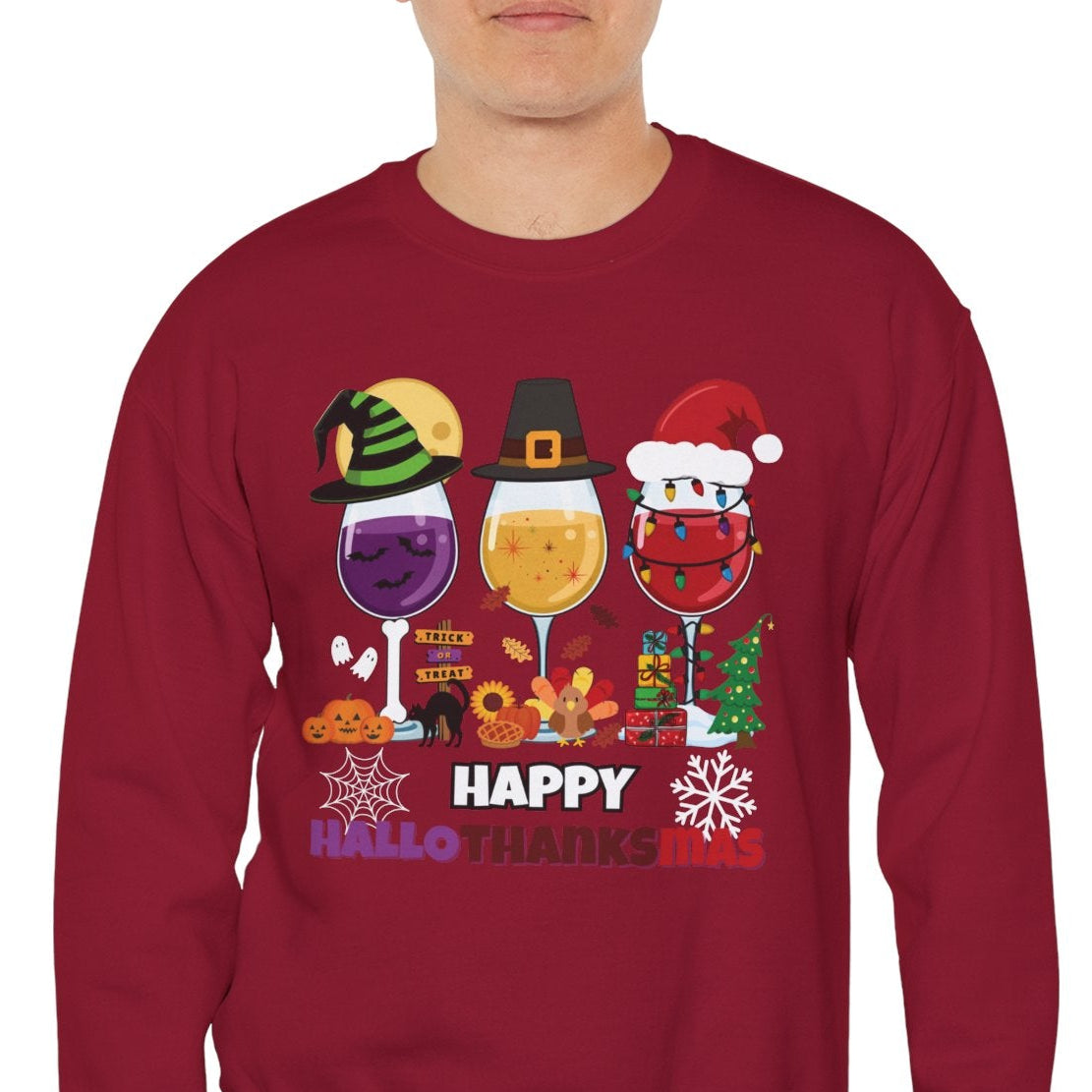 Man wearing a red Christmas-themed sweatshirt with festive designs on a white background