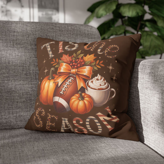 Decorative pillowcase with autumn-themed design featuring pumpkins, a football, and a cup of coffee on a brown background.