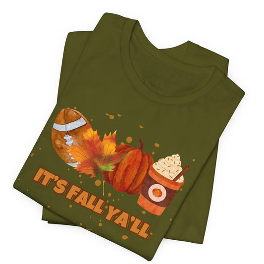 Folded green t-shirt with autumn-themed design and 'It's Fall Y'all' text on a white background