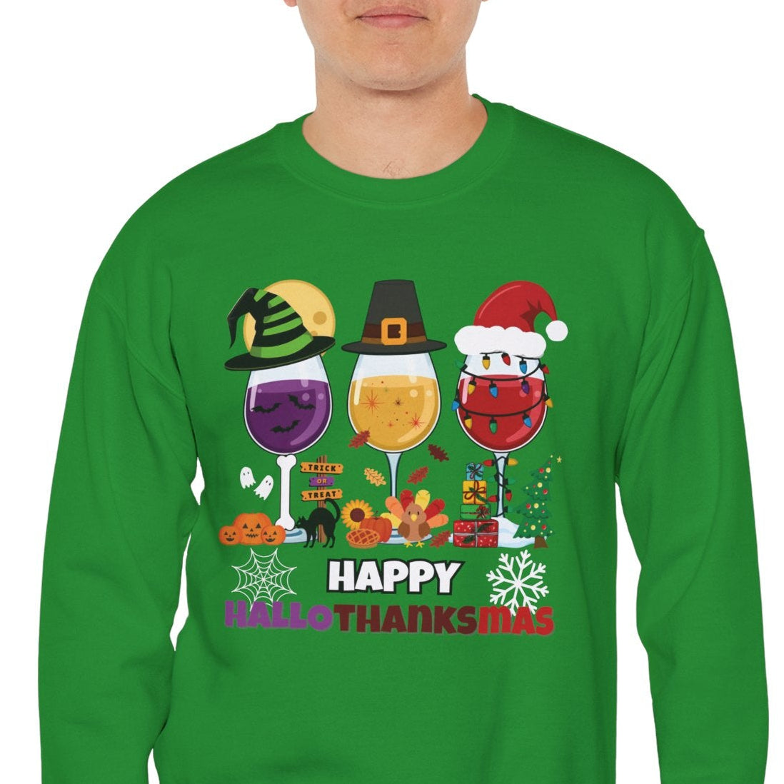 Person wearing a green sweatshirt with festive designs and text on a white background