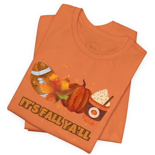 Orange t-shirt with autumn-themed design and 'It's Fall Y'all' text on a white background